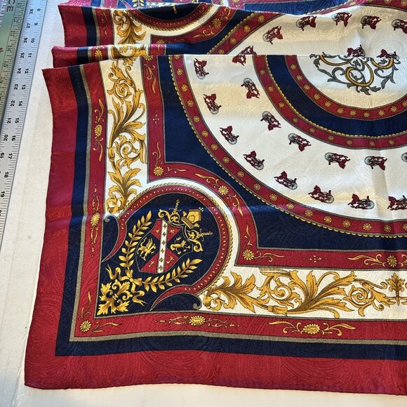 Vintage Womens Scarf Regal Heraldic Design Crests Red Navy Gold Korea 31 in - Picture 10 of 11